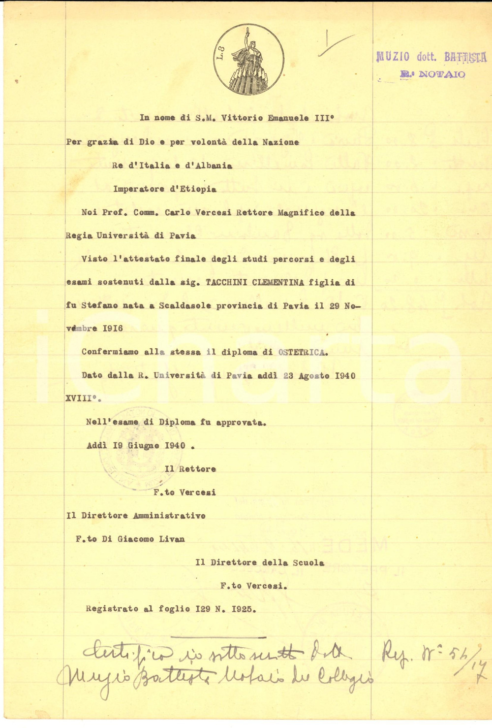 Documento originale, autentico 1940 Regia Università PAVIA Certificato Clementina TACCHINI Diploma di ostetrica 1