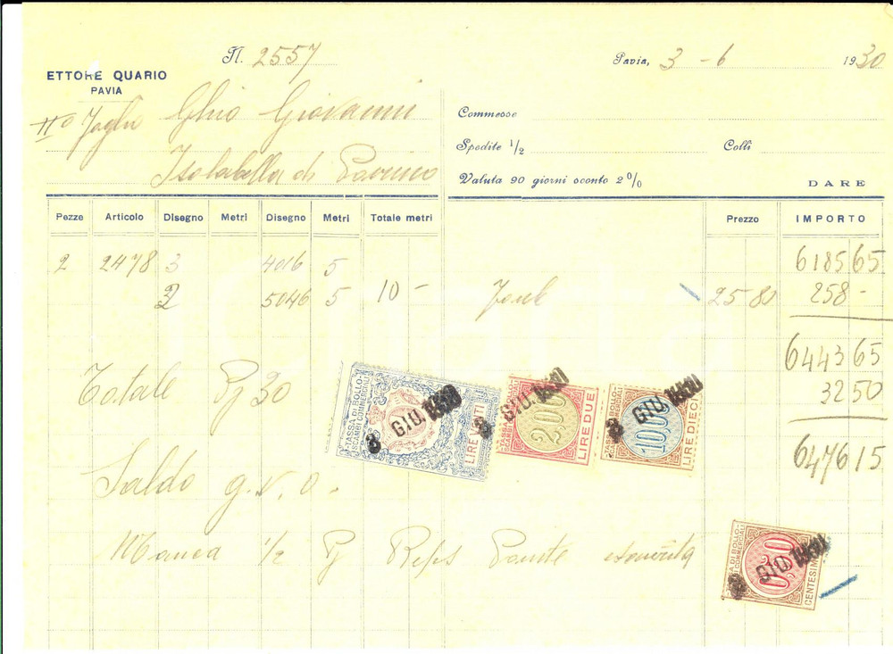 Documento originale, autentico 1930 PAVIA Ditta Ettore QUARIO stoffe  Commessa con bolli 2 1