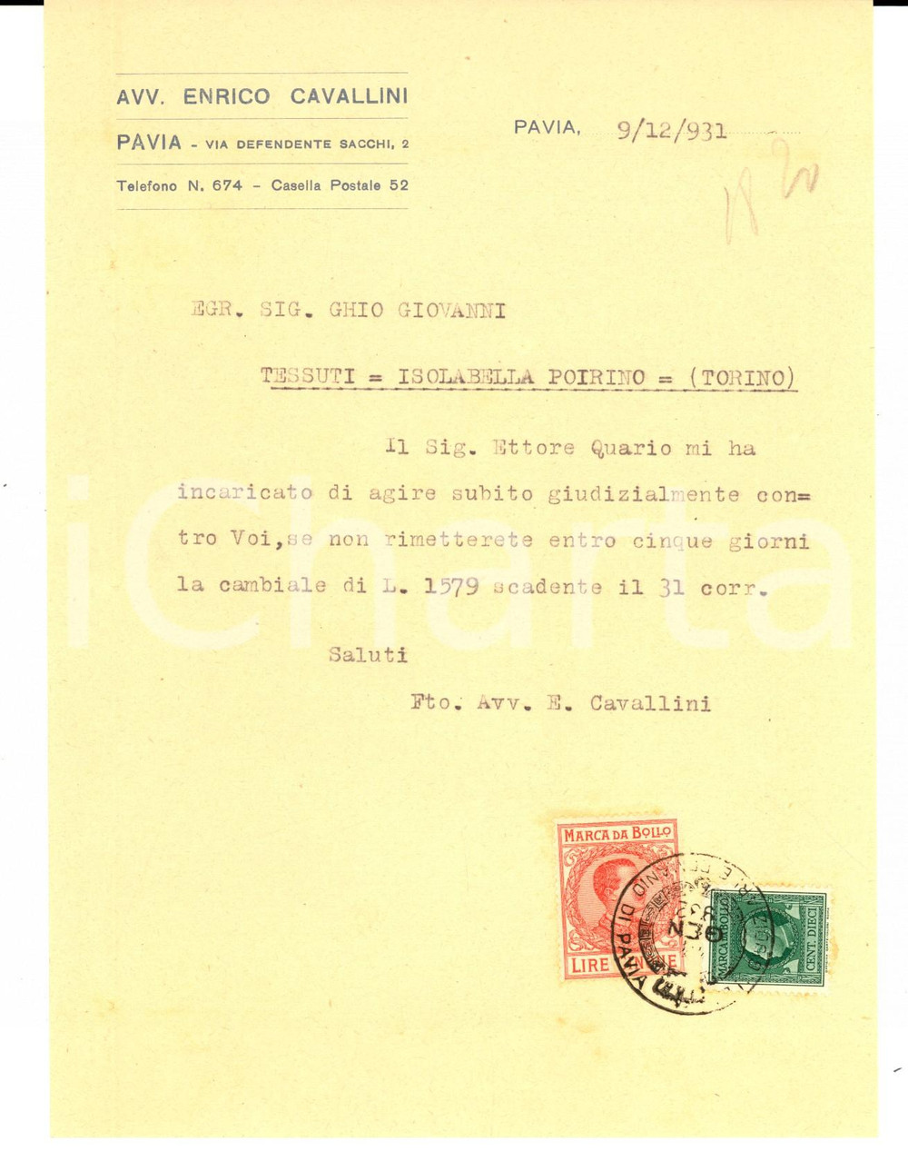 Documento originale, autentico 1931 PAVIA Avv. Enrico CAVALLINI  Lettera su incarico azione giudiziaria 1