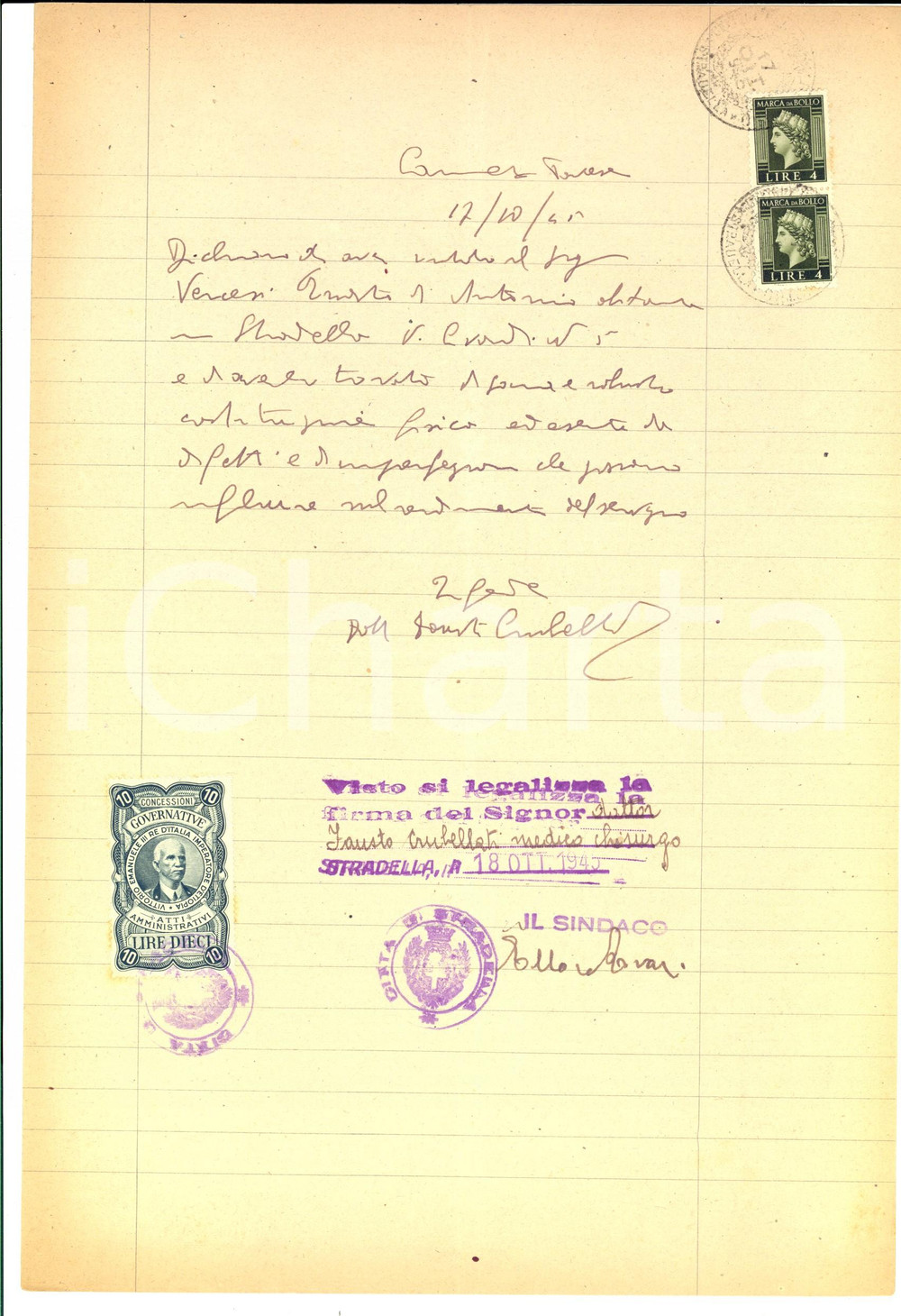 Documento originale, autentico 1945 CANNETO PAVESE Cartificato sana e robusta costituzione a Ernesto VERCESI 1