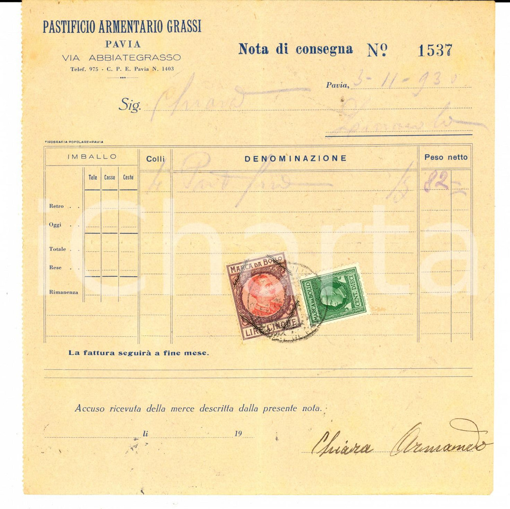 Documento originale, autentico 1930 PAVIA Pastificio Armentario GRASSI  Fattura manoscritta con bolli 1