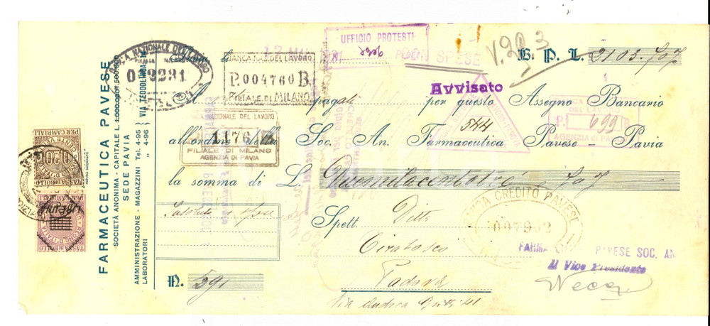 Documento originale, autentico 1931 PAVIA SocietÃ  FARMACEUTICA PAVESE Assegno bancario timbri 1