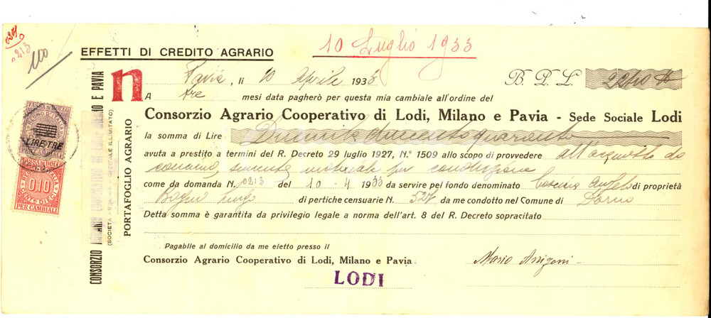 Documento originale, autentico 1933 PAVIA Cambiale Consorzio Agrario Cooperativo LODI, MILANO e PAVIA 1