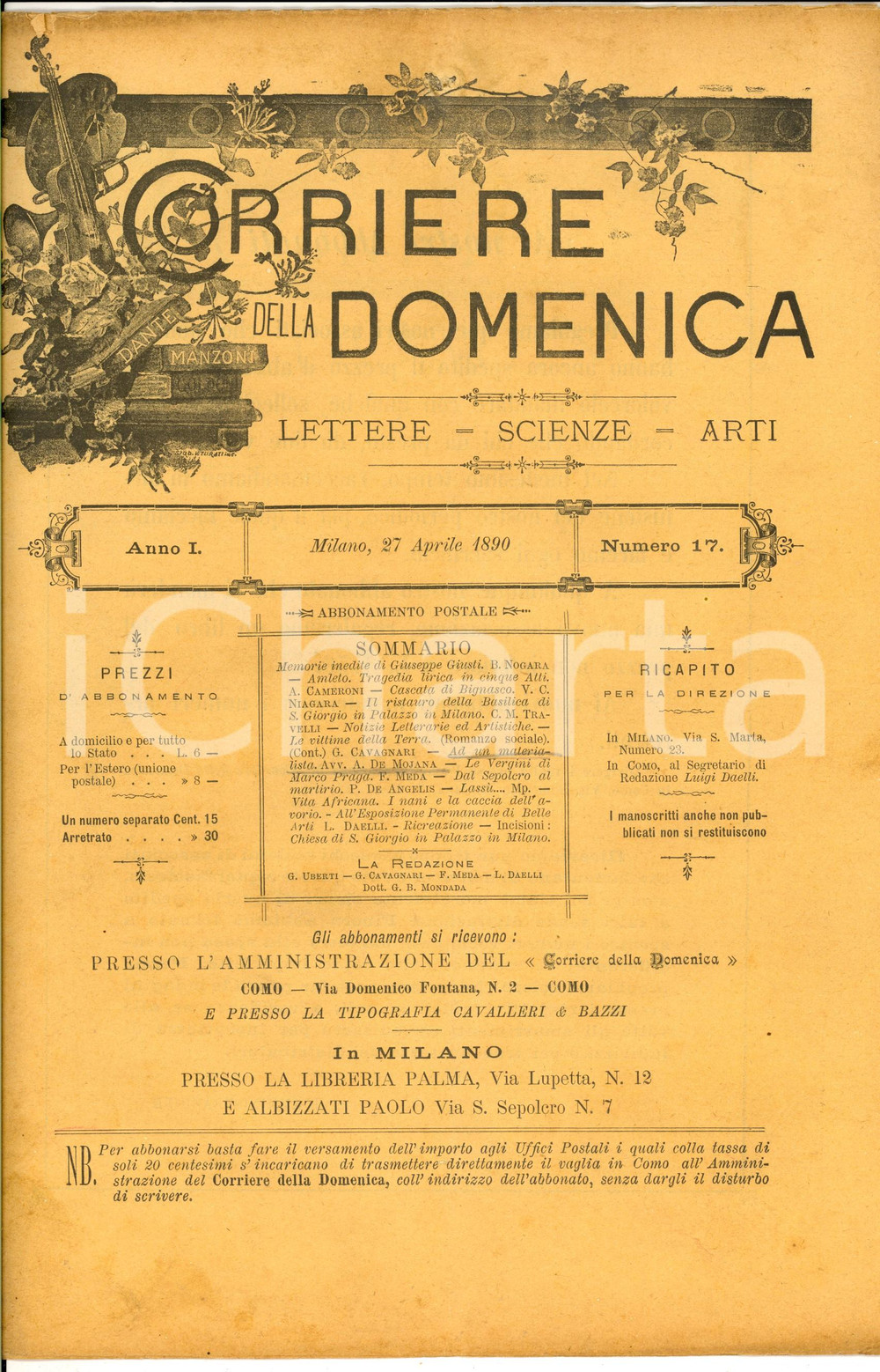 Giornale, rivista storica 1890 CORRIERE DELLA DOMENICA Restauro SAN GIORGIO IN PALAZZO Anno I nÂ° 17 1