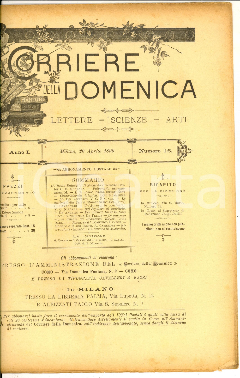 Giornale, rivista storica 1890 CORRIERE DELLA DOMENICA Ultima battaglia di Edoardo DRUMONT Anno I nÂ° 16 1