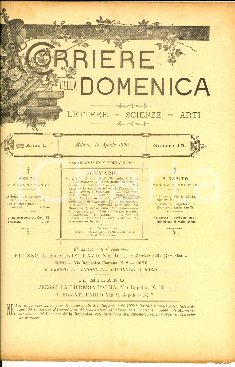 Giornale, rivista storica 1890 CORRIERE DELLA DOMENICA Daniele RANZONI pittore Anno I nÂ° 15 1