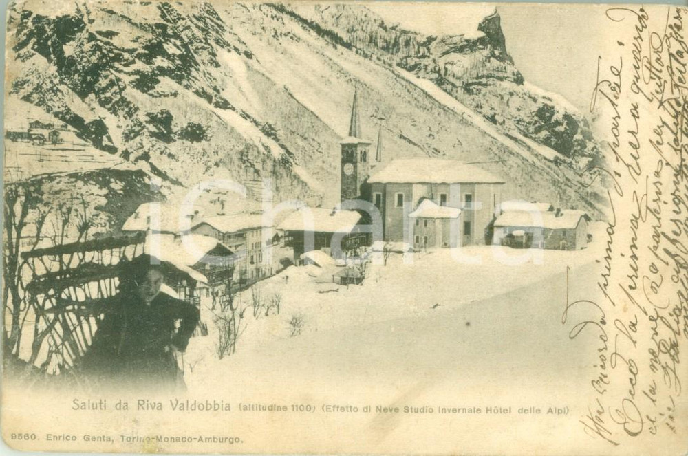 Cartolina originale da collezione 1903 RIVA VALDOBBIA VC Hotel delle Alpi innevato Cartolina FP VG DANNEGGIATA 1