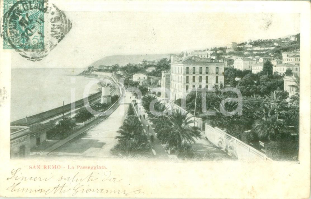 Cartolina originale da collezione 1905 SANREMO IM La passeggiata con Hotel de PARIS Cartolina FP VG 1