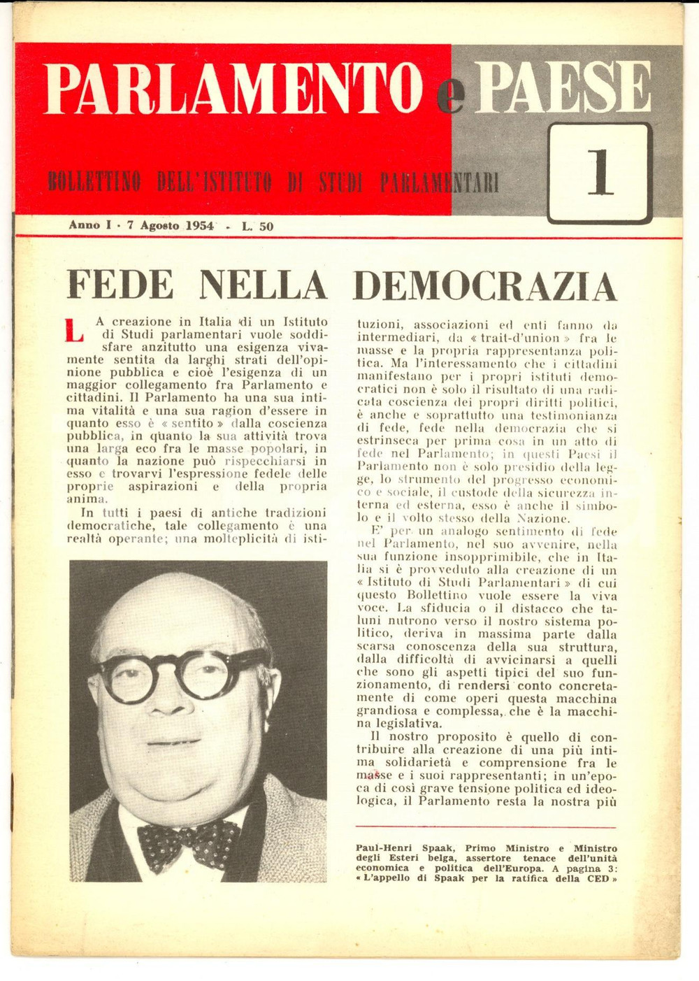 Giornale, rivista storica 1954 PARLAMENTO E PAESE Fede nella democrazia Rivista anno I nÂ° 1 1