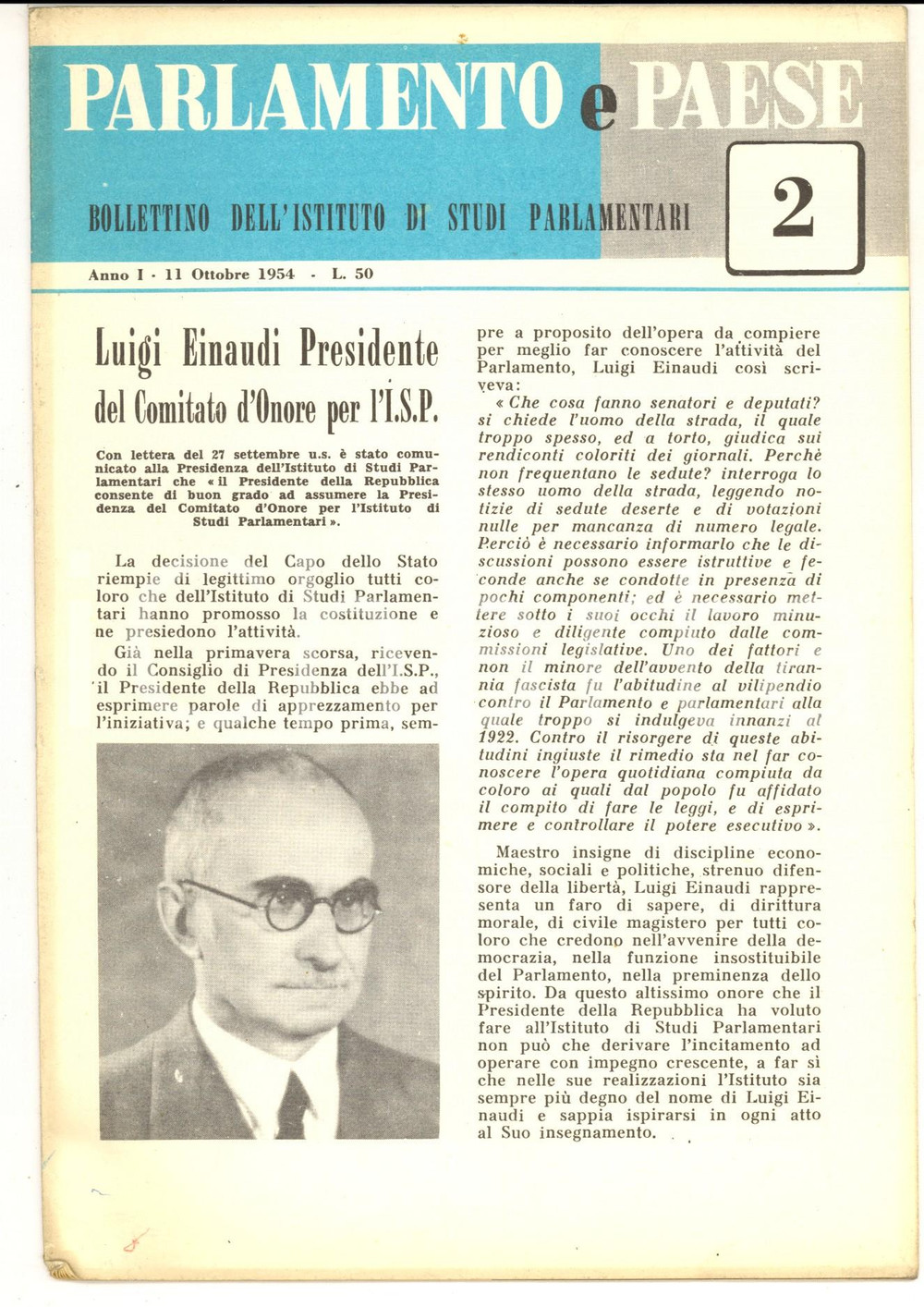 1954 PARLAMENTO E PAESE Luigi EINAUDI nel comitato d'onore ISP *Anno I nÂ° 2 CONDIZIONI: fair    originale e autentica 1