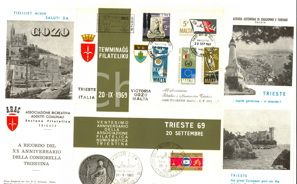 Materiale pubblicitario d’epoca 1969 STORIA POSTALE XX Anniversario Associazione Filatelica TRIESTINA Busta 1