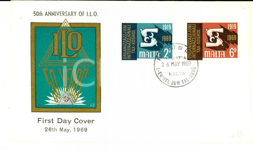 Materiale pubblicitario d’epoca 1969 MALTA 50th Anniversary of I.L.O. Envelope stamps first day of issue 1