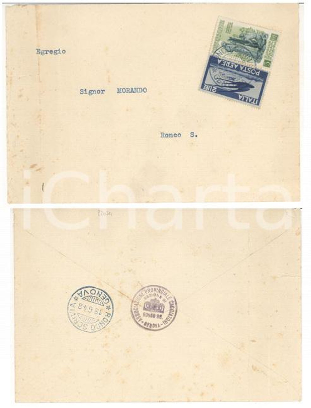 Cartolina originale da collezione 1948 STORIA POSTALE RONCO SCRIVIA Busta POSTA AEREA + S. CATERINA Cacciatori 1
