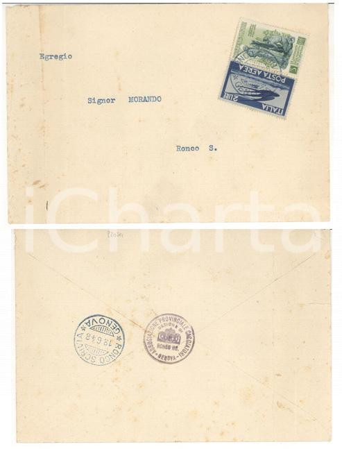 Cartolina originale da collezione 1948 STORIA POSTALE RONCO SCRIVIA Busta POSTA AEREA + S. CATERINA Cacciatori 1