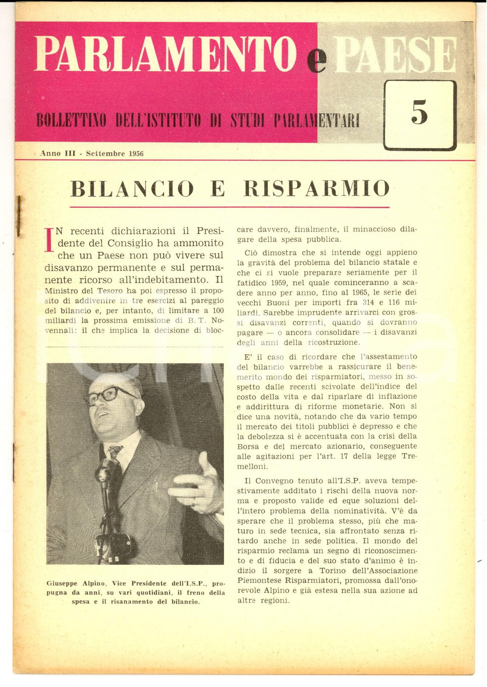 Giornale, rivista storica 1956 PARLAMENTO E PAESE On. Giuseppe ALPINO sul bilancio Anno III nÂ° 5 1