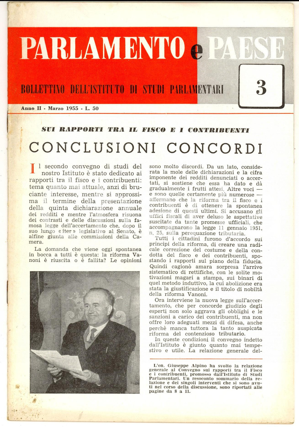 Giornale, rivista storica 1955 PARLAMENTO E PAESE On. Giuseppe ALPINO su fisco e contribuenti Anno II n°3 1