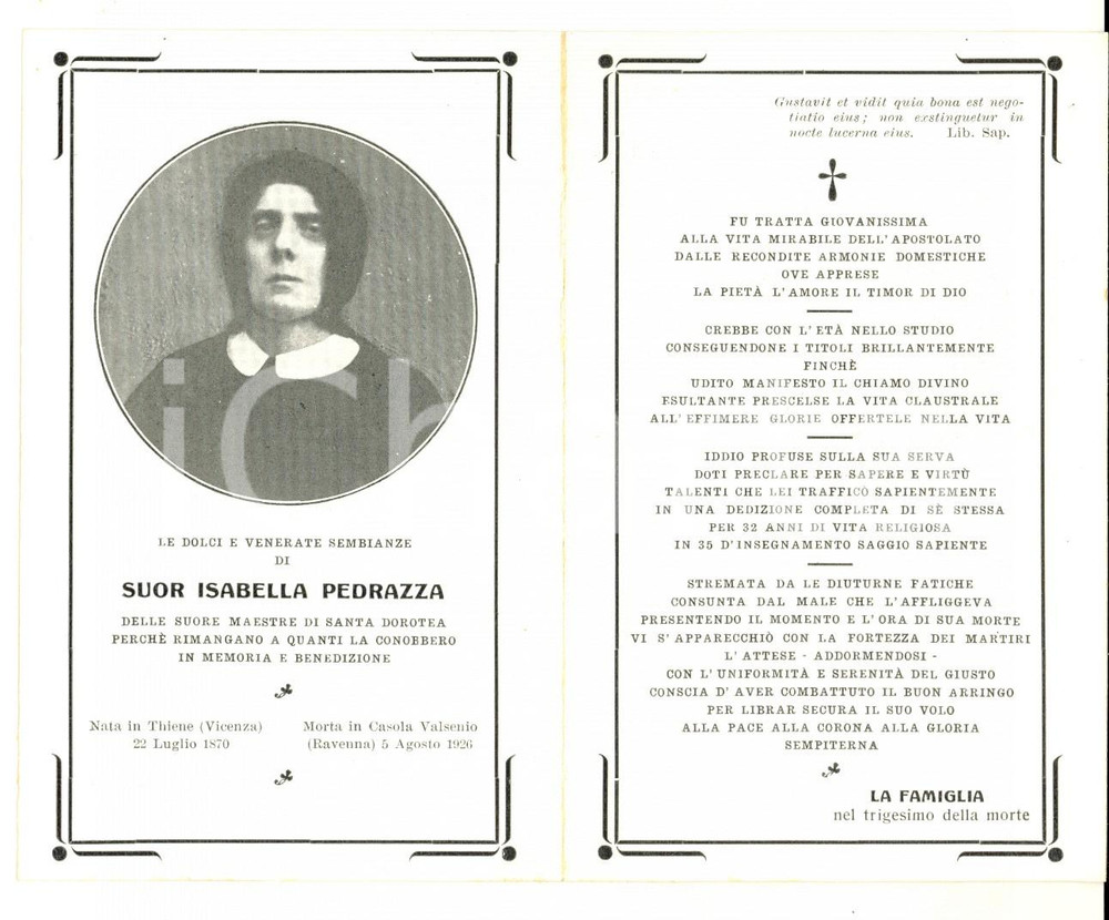 Oggetto da collezione cartaceo 1926 CASOLA VALSENIO Suor Isabella PEDRAZZA maestra di SANTA DOROTEA Santino 1