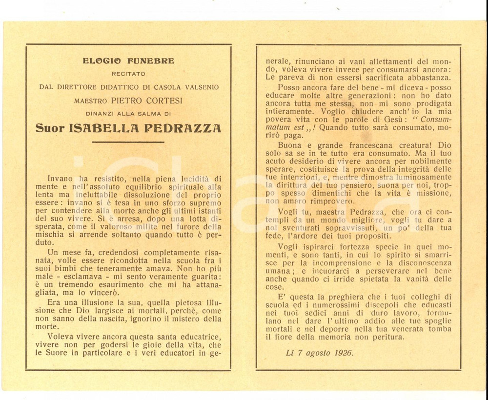 Oggetto da collezione cartaceo 1926 CASOLA VALSENIO Elogio funebre di Pietro CORTESI per suor Isabella PEDRAZZA 1