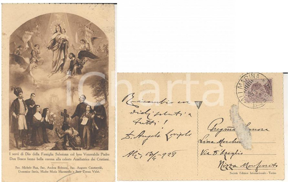 1928 SALESIANI Servi di Dio con Don Bosco *Cartolina don Angelo LOVISOLO FP VG