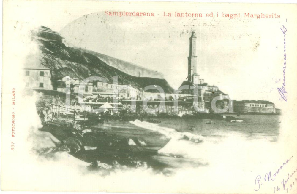 Cartolina originale da collezione 1912 GENOVA SAMPIERDARENA La lanterna e i bagni Margherita Cartolina FP VG 1