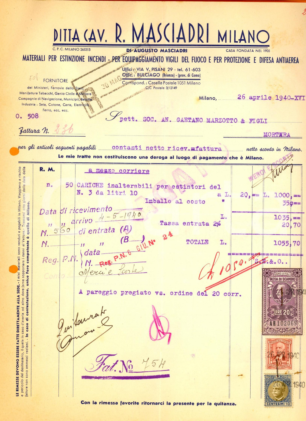 Documento originale, autentico 1940 MILANO Ditta cav. R. MASCIADRI Materiali incendi Fattura intestata 1