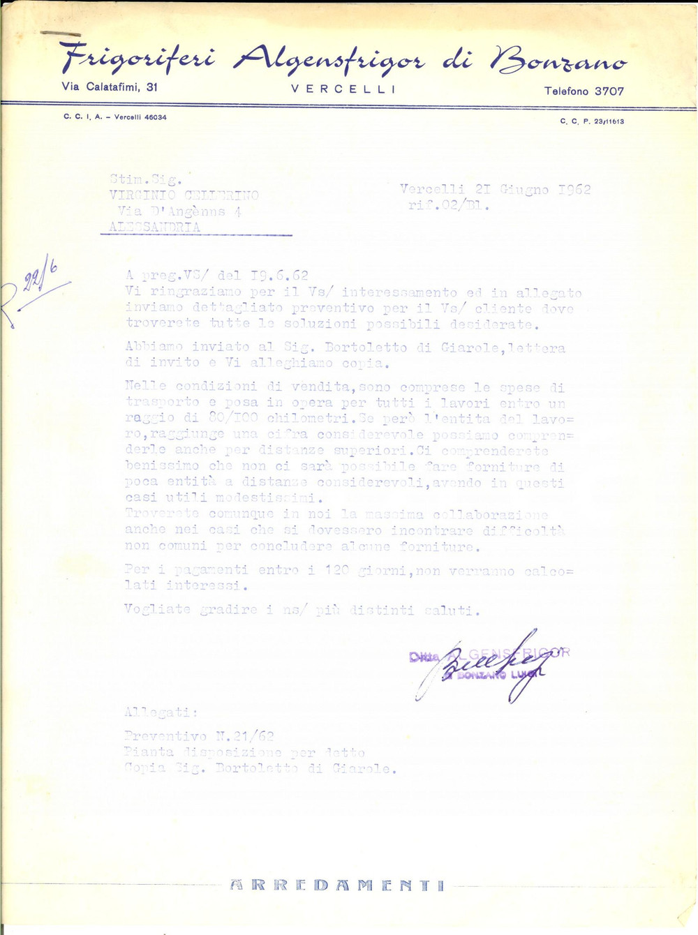 Manoscritto, lettera originale 1962 VERCELLI Frigoriferi ALGENSFRIGOR di BONZANO Lettera commerciale 1