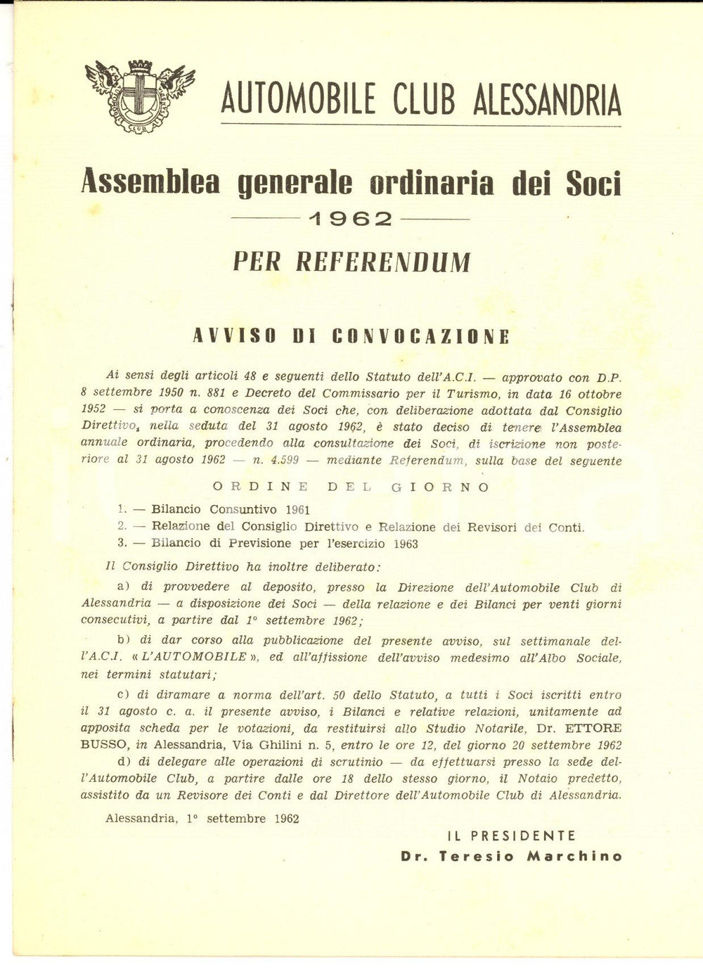Documento originale, autentico 1962 AUTOMOBILE CLUB ALESSANDRIA Convocazioen assemblea dei Soci per referendum 1