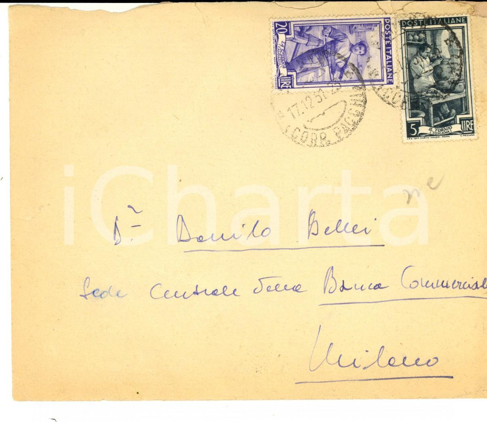 Oggetto da collezione cartaceo 1951 MODENA Dott. Fernando CAVAZZUTI Busta affrancata serie ITALIA AL LAVORO 1