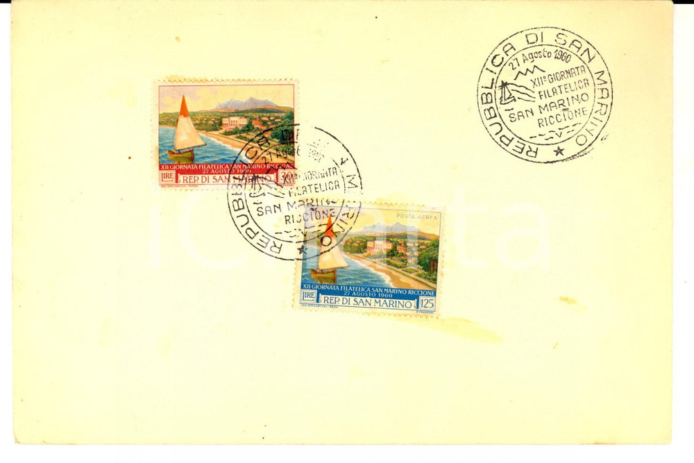 Materiale pubblicitario d’epoca 1960 REPUBBLICA DI SAN MARINO XII Giornata Filatelica   RICCIONE Primo giorno 1