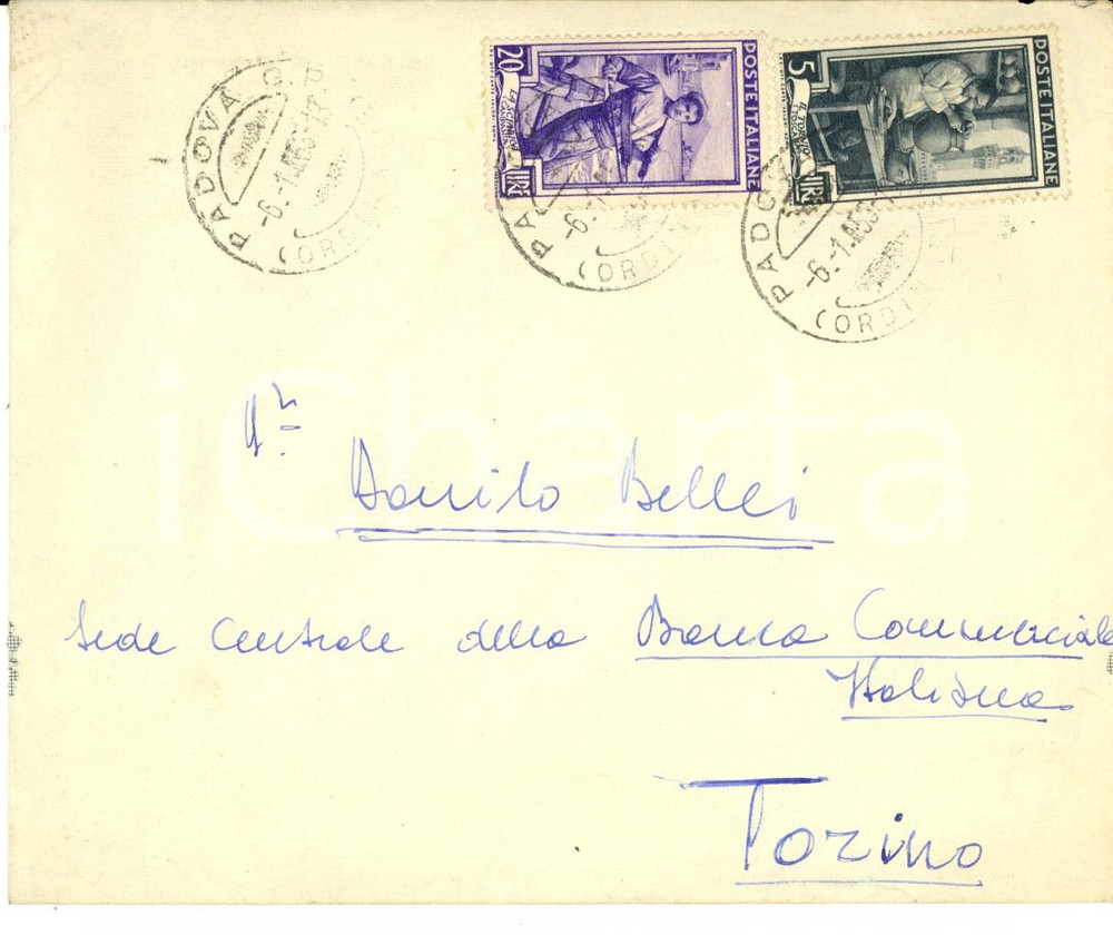 Oggetto da collezione cartaceo 1953 MODENA Dott. Fernando CAVAZZUTI Busta affrancata serie ITALIA AL LAVORO 1