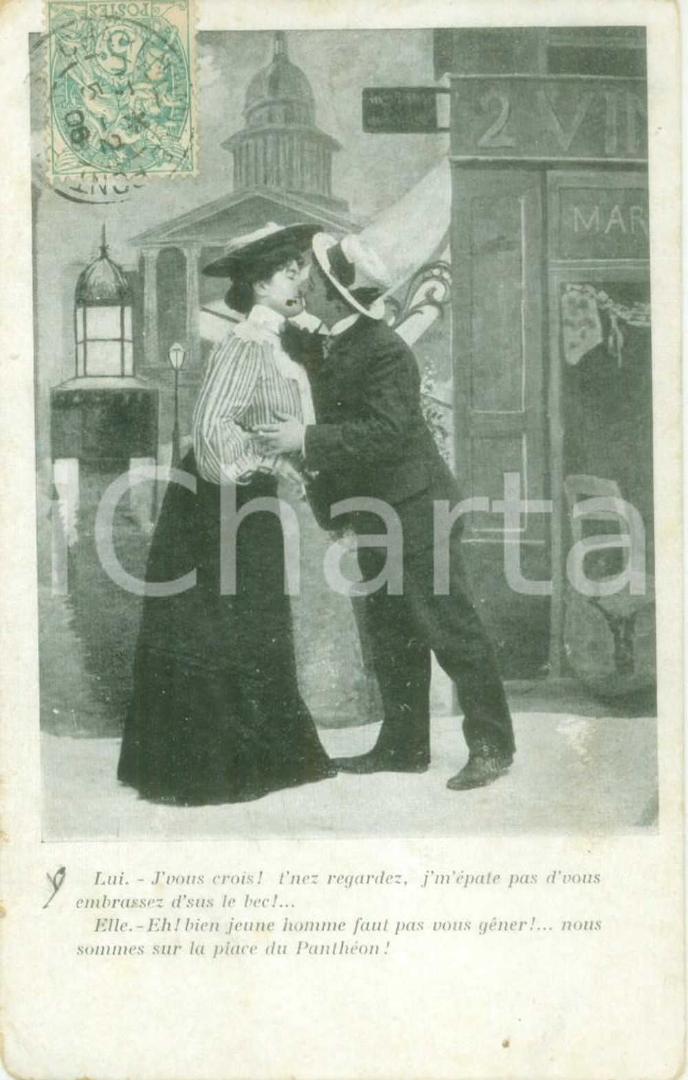 Cartolina originale da collezione 1906 INNAMORATI Bacio sulla piazza del PANTHEON Cartolina postale FP VG 1