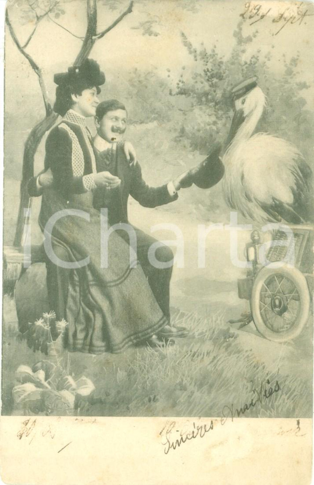 Cartolina originale da collezione 1903 INNAMORATI Amanti in campagna con la cicogna Cartolina postale FP VG 1
