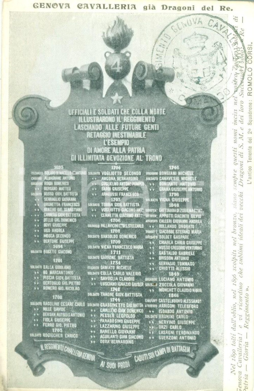 Cartolina originale da collezione 1900 ca GENOVA CAVALLERIA già  Dragoni del Re Cartolina reggimentale FP NV 1