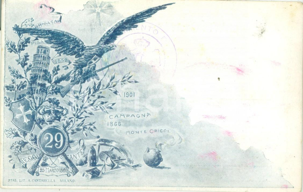 Cartolina originale da collezione 1901 29Â° REGGIMENTO FANTERIA Brigata PISA Cartolina reggimentale FP NV 1