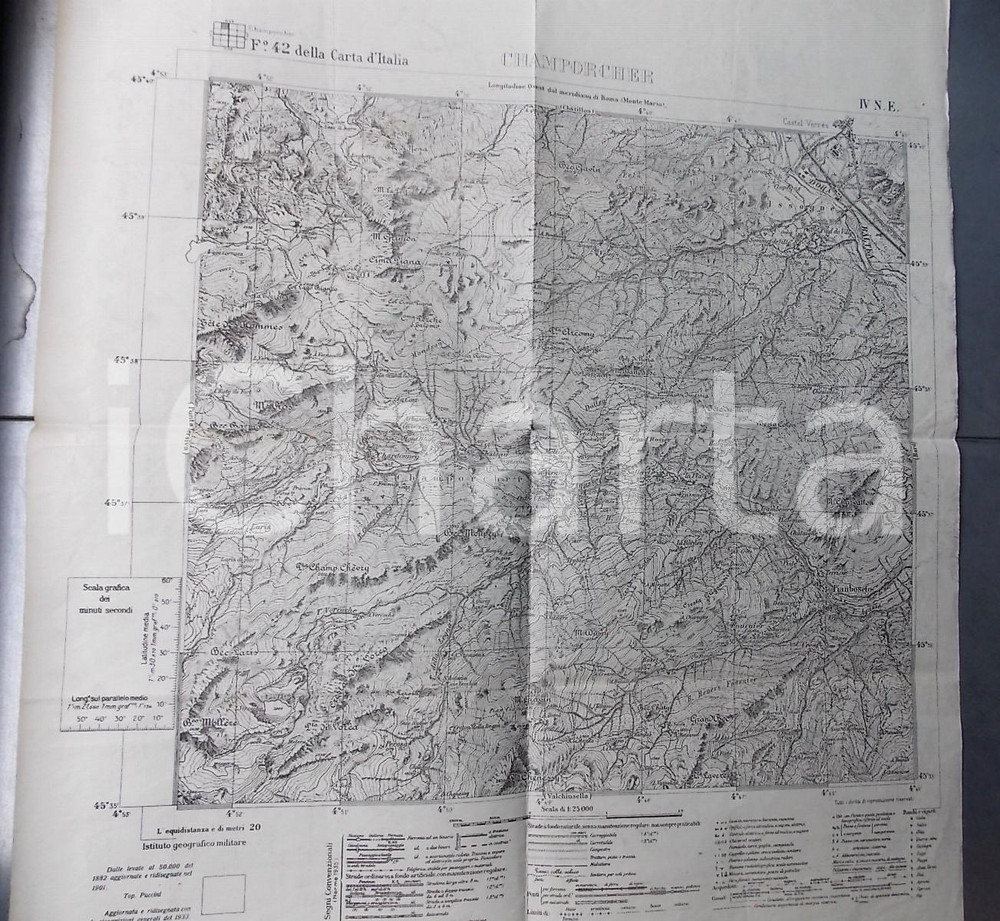 Mappa, planimetria storica 1943 Istituto Geografico Militare CARTA D ITALIA  CHAMPORCHER Mappa 55x50 1