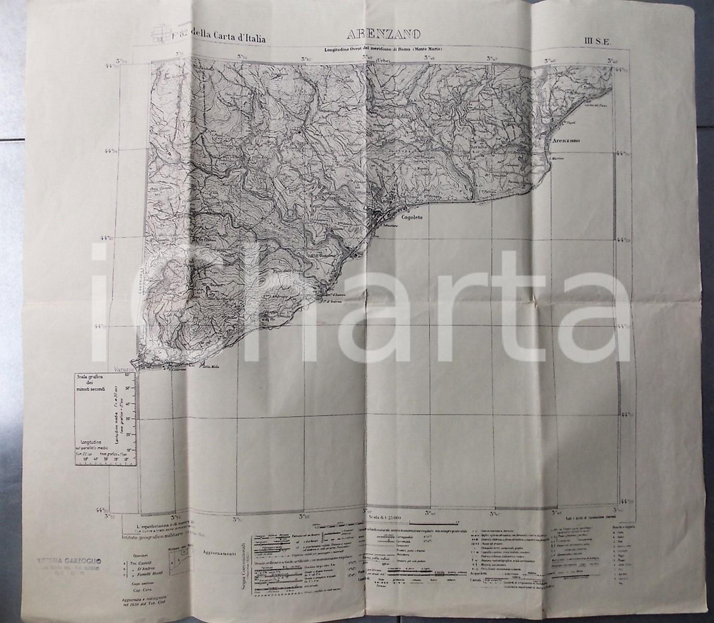 1946 Istituto Geografico Militare CARTA D'ITALIA - ARENZANO *Mappa 55x50 cm
