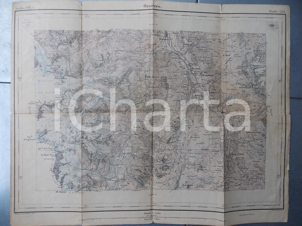 Mappa, planimetria storica 1901 Topographisches Atlas der SCHWEIZ  ORSIERES Blatt n° 529 42x33 cm 1