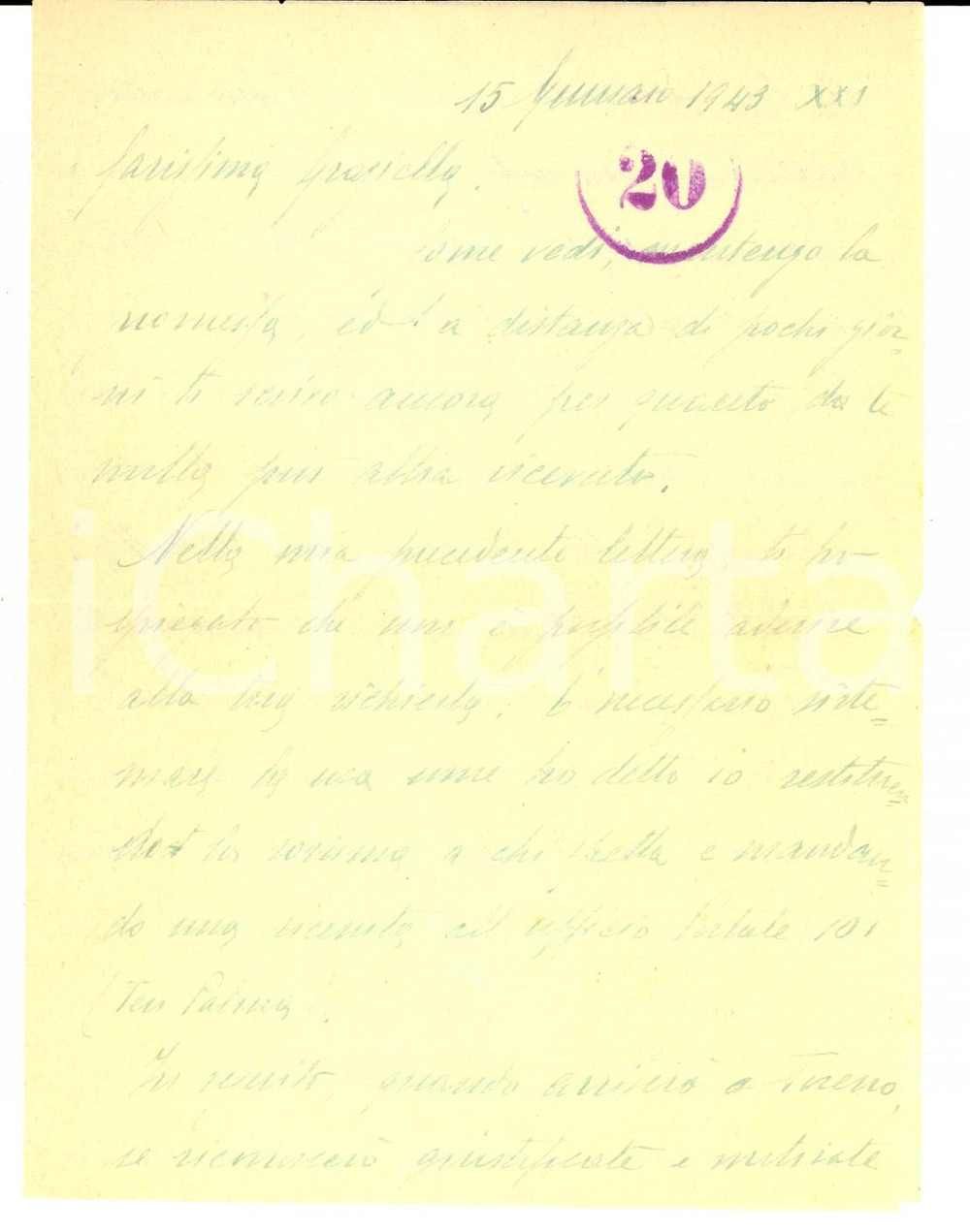 Documento originale, autentico 1943 WW2 Edmondo ZANCHI sui progetti della figlia Graziella Lettera 1
