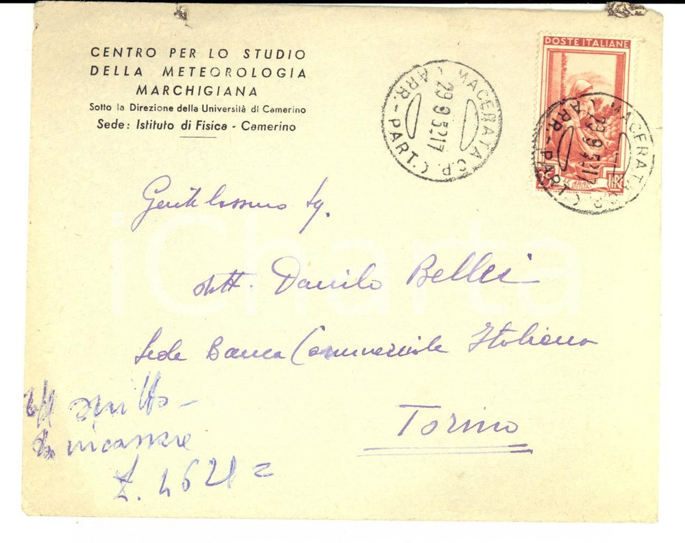 Oggetto da collezione cartaceo 1952 CAMERINO Centro meteorologia marchigiana Busta affrancata ITALIA AL LAVORO 1