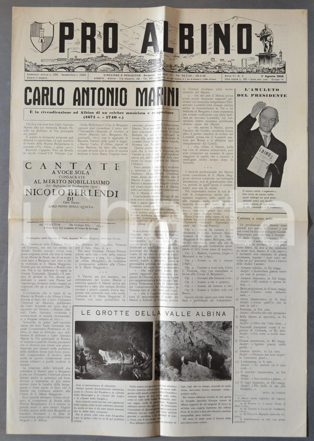 Giornale, rivista storica 1959 PRO ALBINO Il musicista Carlo Antonio MARINI Giornale anno VI nÂ°2 1