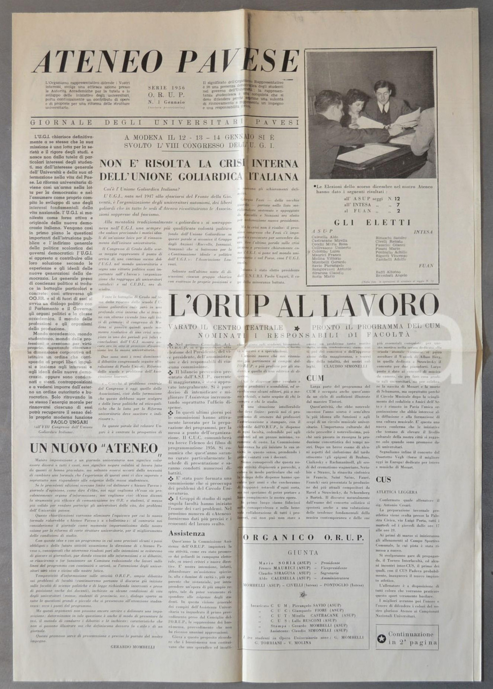 1956 PAVIA ATENEO PAVESE Crisi interna Unione Goliardica Italiana *Giornale (1)   GOOD/buono piegature d'epoca  originale e autentica 1