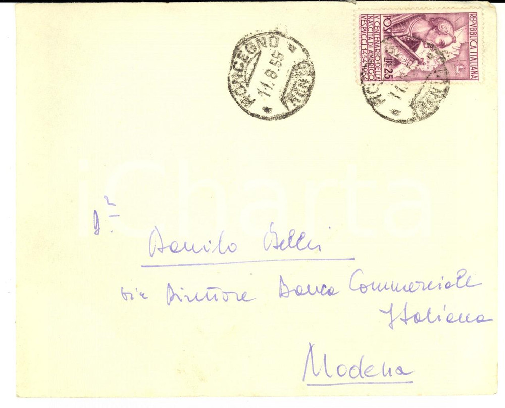 Oggetto da collezione cartaceo 1955 Terme di RONCEGNO Busta affrancata V Centenario Amerigo VESPUCCI 1