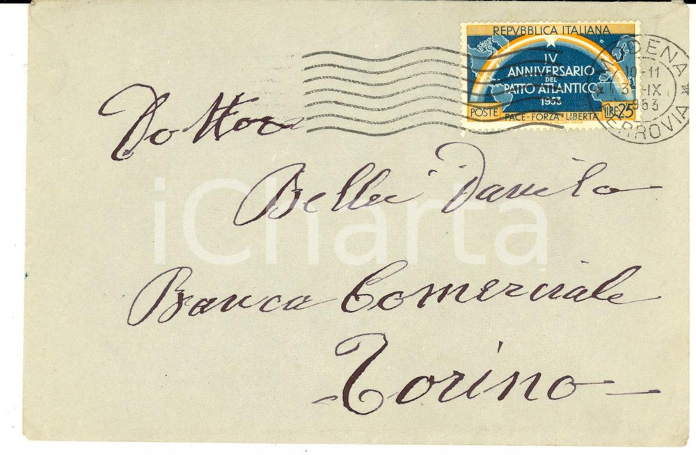 Oggetto da collezione cartaceo 1963 STORIA POSTALE MODENA  Busta affrancata IV Anniversario Patto Atlantico 1