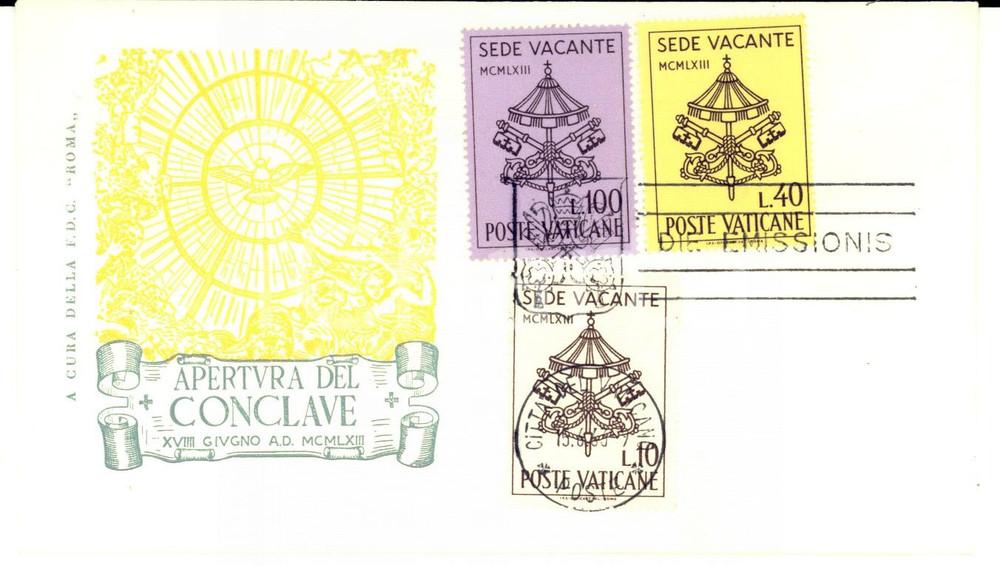 Materiale pubblicitario d’epoca 1963 STORIA POSTALE VATICANO Busta APERTURA DEL CONCLAVE Primo giorno 1