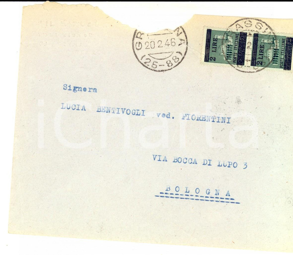 Cartolina originale da collezione 1946 STORIA POSTALE FIRENZE Busta coppia 2 Lire su 25 cent. monumenti distrutti 1