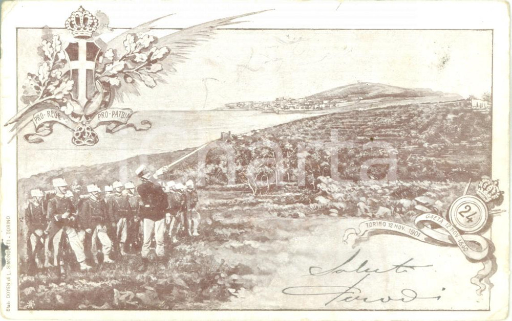 Cartolina originale da collezione 1901 24° REGGIMENTO GAETA Cartolina reggimentale ILLUSTRATA FP VG 1