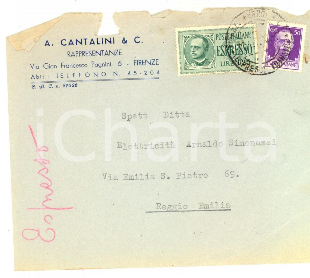 Materiale pubblicitario d’epoca 1943 STORIA POSTALE FIRENZE Busta CANTALINI Espresso L. 1,25 + imperiale cent 50 1