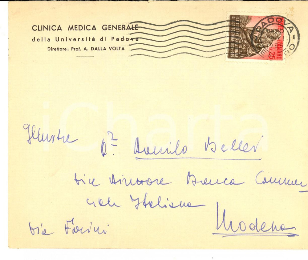 Manoscritto, lettera originale 1955 PADOVA Clinica Medica UniversitÃ   Busta affrancata ISTITUTO AGRICOLTURA 1