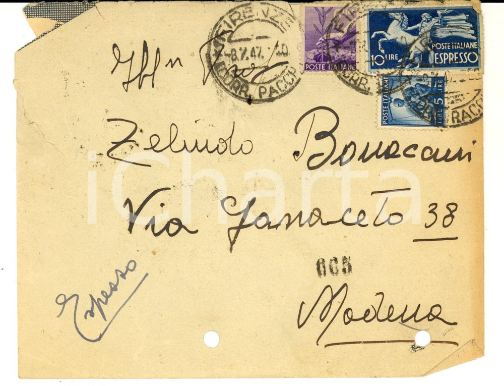 Cartolina originale da collezione 1947 STORIA POSTALE Busta affrancatura L. 5  Democratica + L. 10 Espresso + L. 6 1