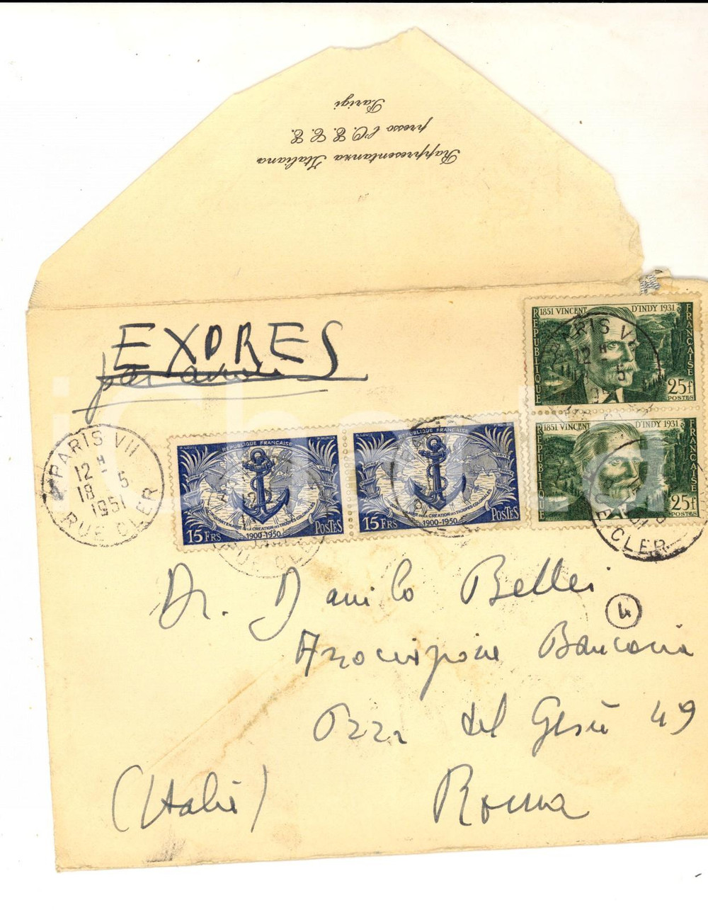 Materiale pubblicitario d’epoca 1951 PARIS Busta affrancata Vincent D INDY  Cinquantenaire troupes coloniales 1